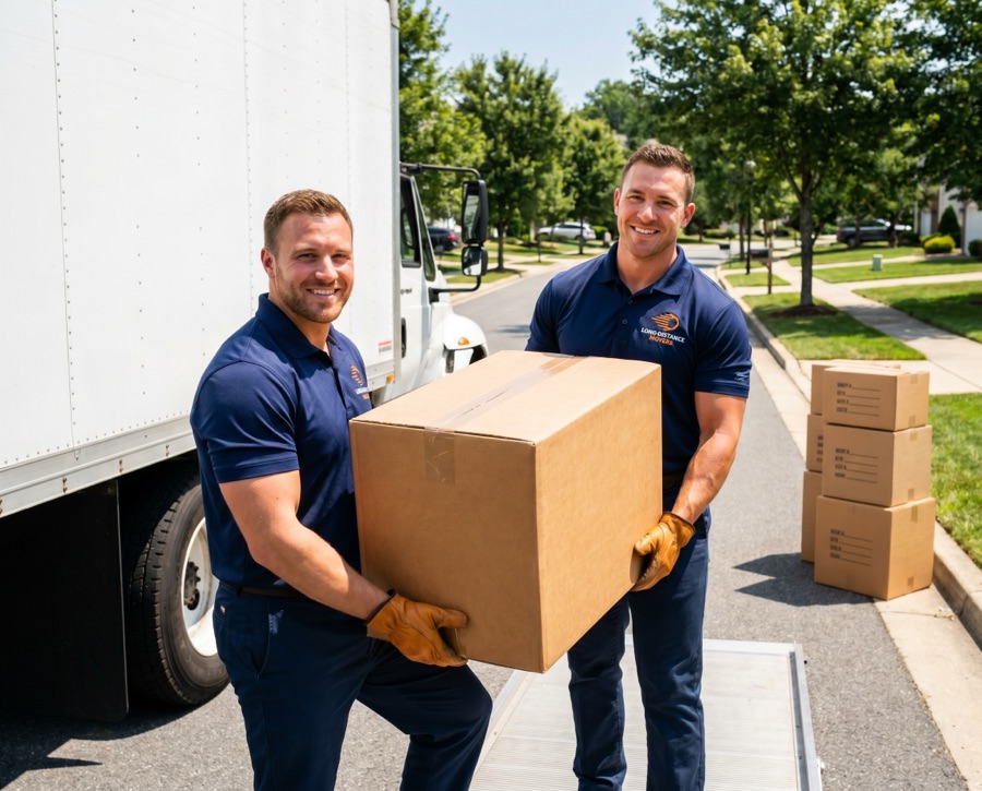 Two professional MoveQuoteUSA partner movers in uniform loading boxes into a moving truck